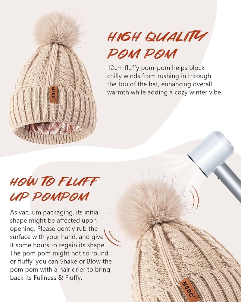 MSDC Satin Lined Beanie for Women with Pom Pom, Warm Womens Winter Hats with Silk Lined, Fashionable Knit Beanie Skull Cap - Image 5
